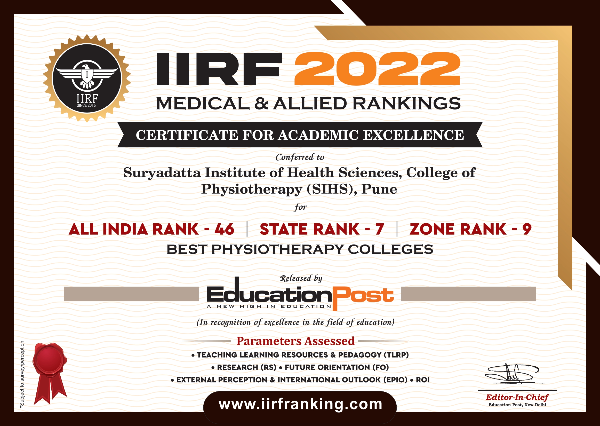 IIRF certificate of best physiotherapy colleges